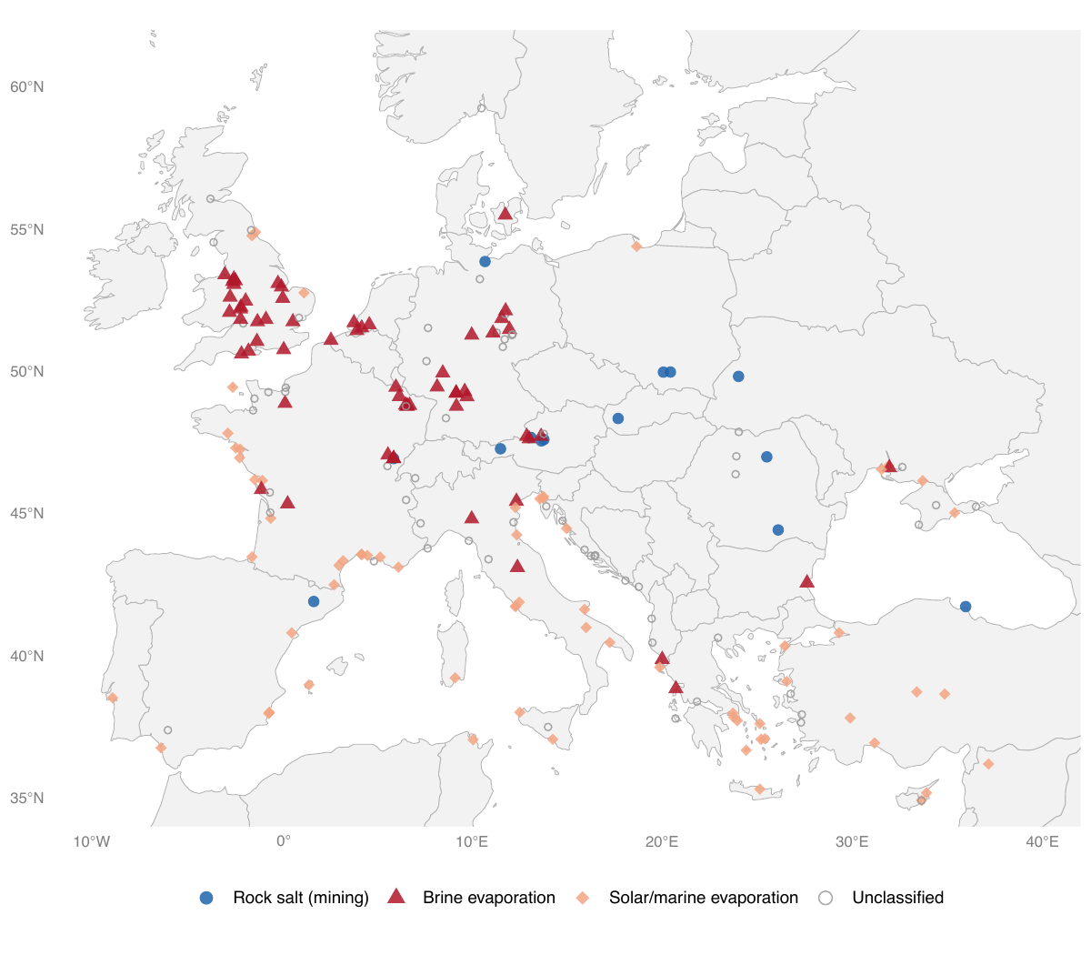 Map of salt mine locations matched to historical polities in premodern Europe