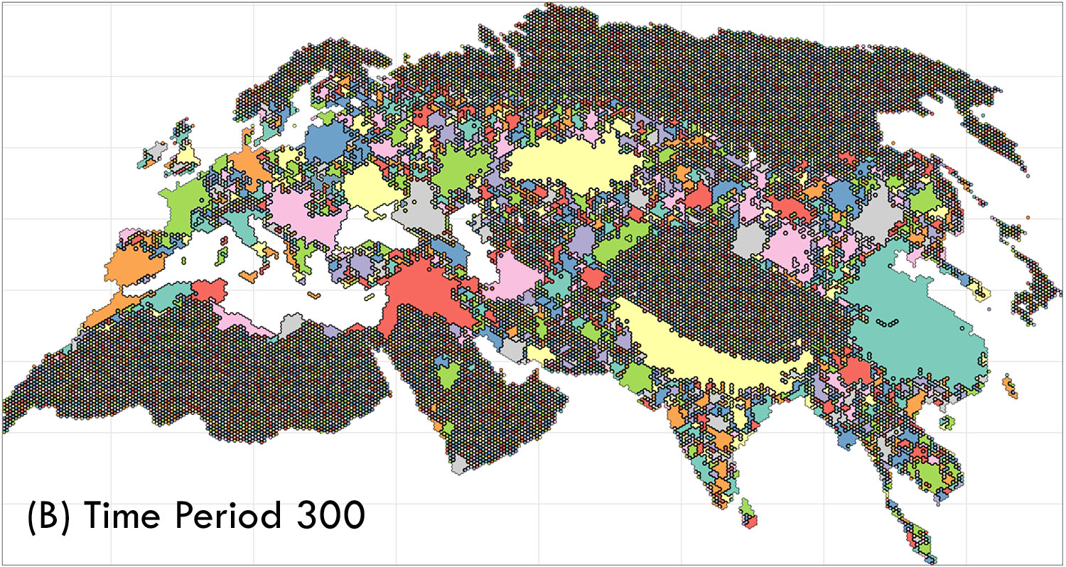 Simulated map of Eurasian political fragmentation at time period 300, showing China unified while Europe remains fragmented