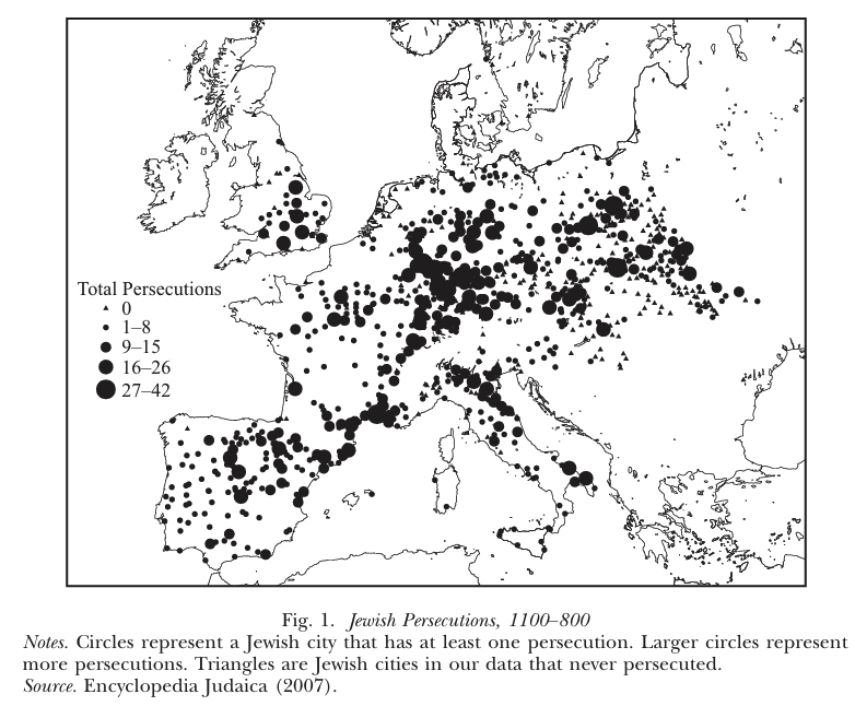 Map of Europe showing Jewish persecutions from 1100-1800, with circle size indicating frequency