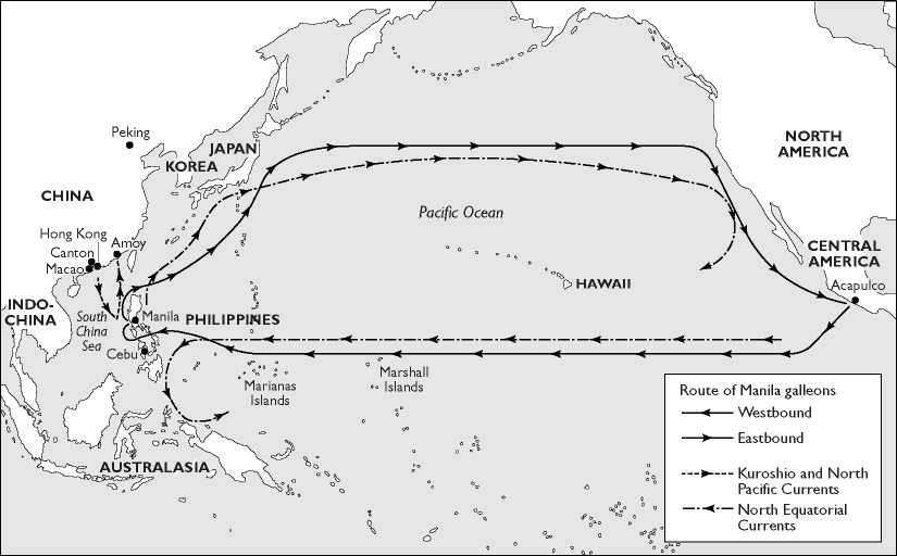 Map of the Manila Galleon trade route across the Pacific Ocean between the Philippines and Acapulco