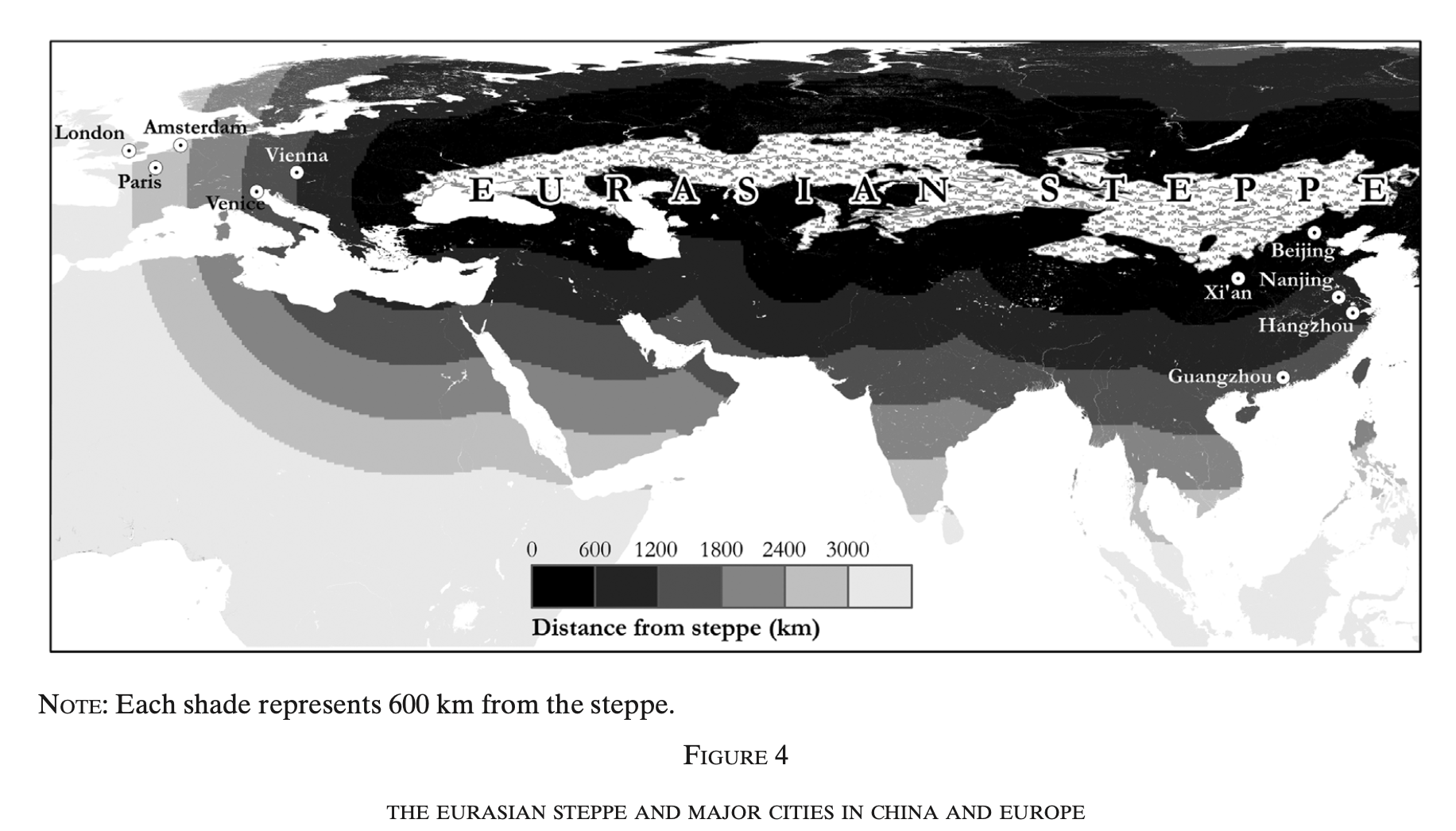 Map of Eurasia showing distance from the steppe, with major cities in China and Europe marked